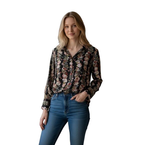 Equipment Femme Silk Floral Stripe Button Front Blouse Black Pink Ivory Size M - Picture 8 of 8